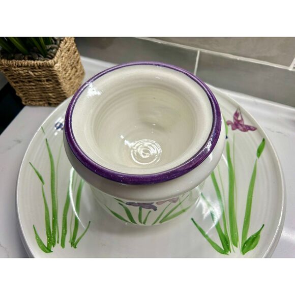 VINTAGE Contemporary Pottery Dip Chiller/Warmer Irises 3 pcs With XL Chip Tray - Picture 9 of 12